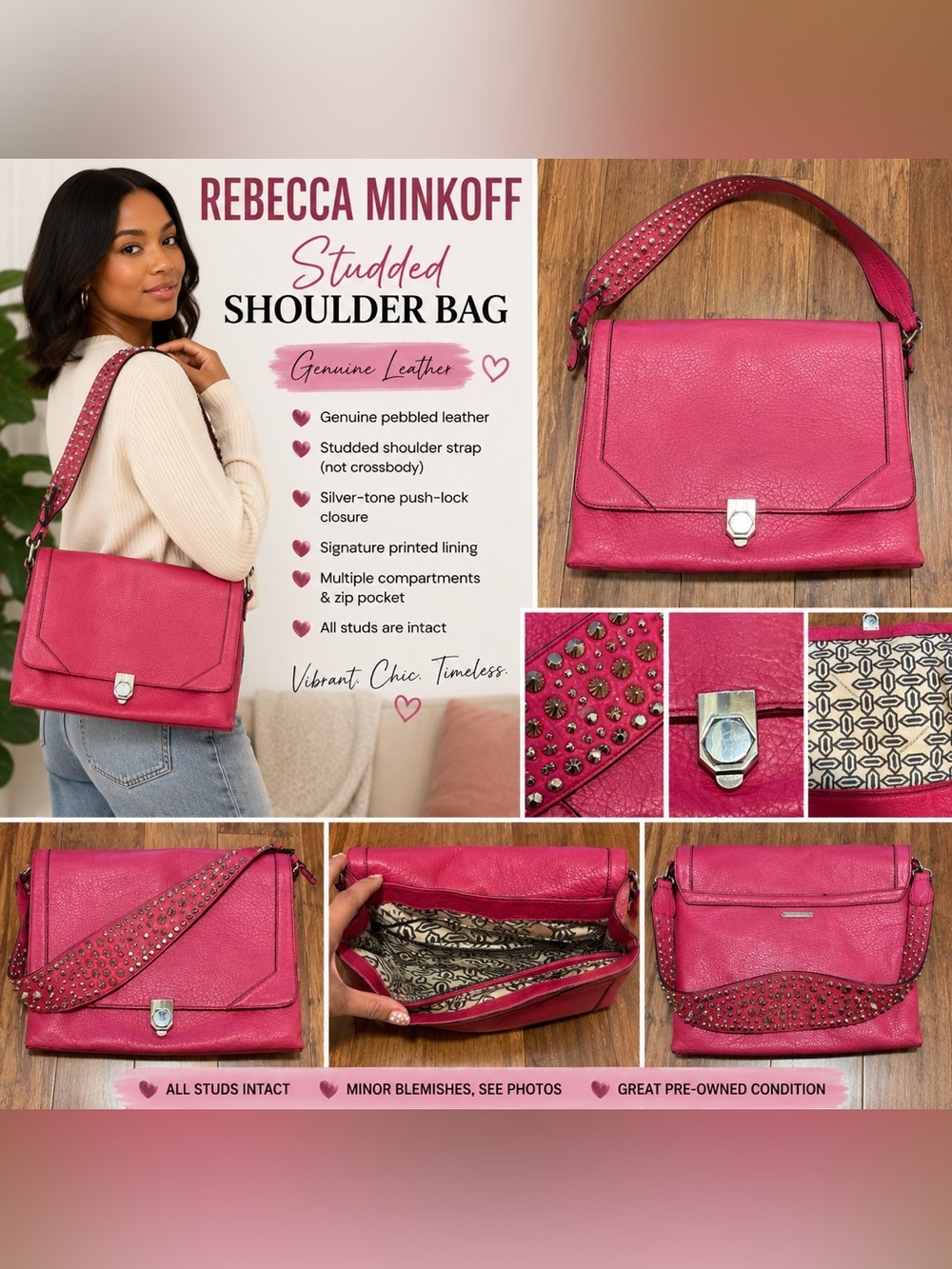 Rebecca Minkoff Pink Studded Genuine Leather Shoulder Bag Purse